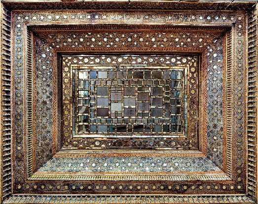 Large planar mirrors installed across the ceiling of the Chehel Sotoun iwan in Isfahan