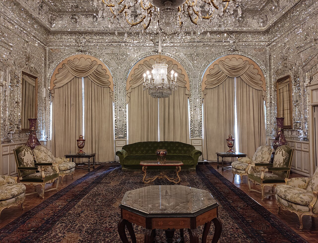 The expansive mirrored walls and ceiling of the Mirror Hall at Golestan Palace in Tehran